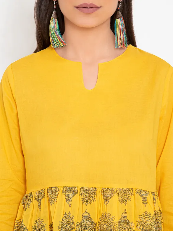 Yellow Block Printed Short Flare Kurti