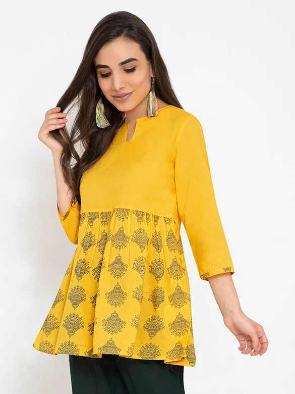 Yellow Block Printed Short Flare Kurti