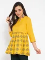 Yellow Block Printed Short Flare Kurti