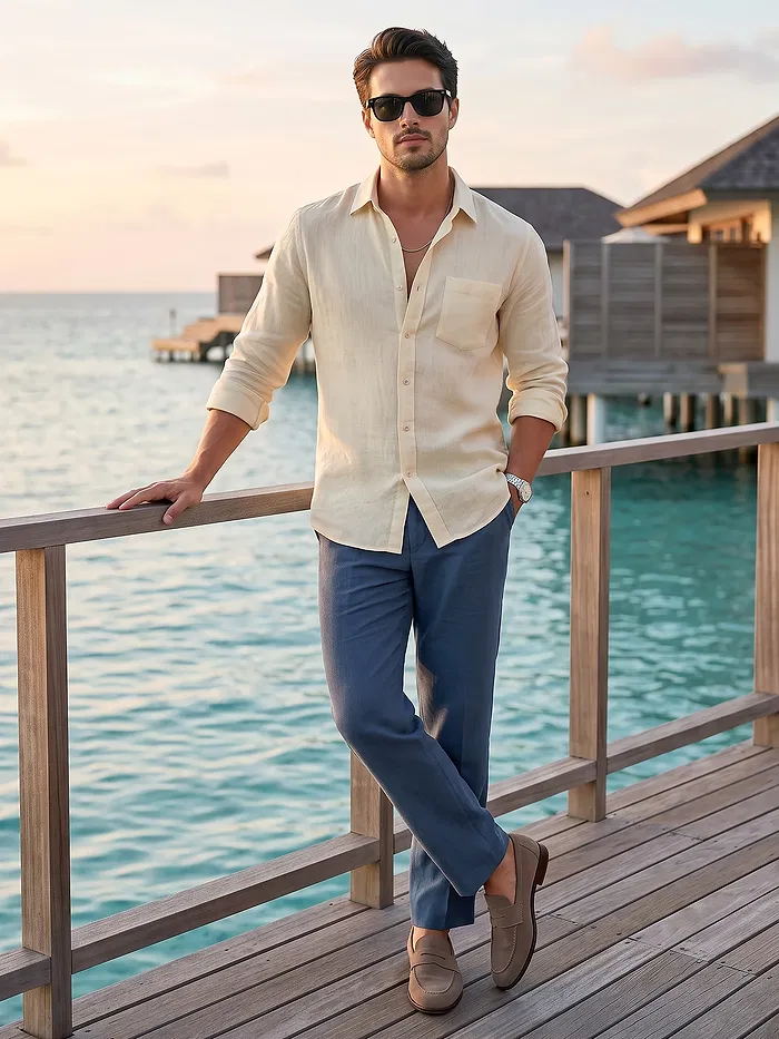 Navy Blue Textured Summer Pants
