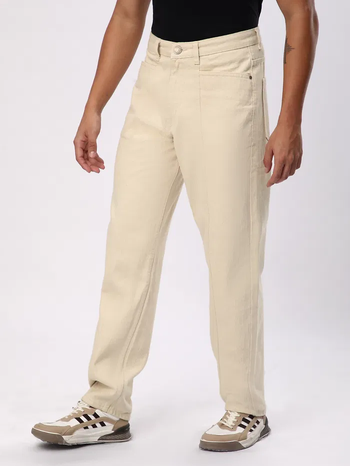 Cream Cut and Sew Baggy Fit Jeans