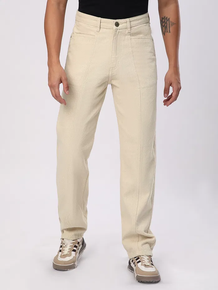 Cream Cut and Sew Baggy Fit Jeans