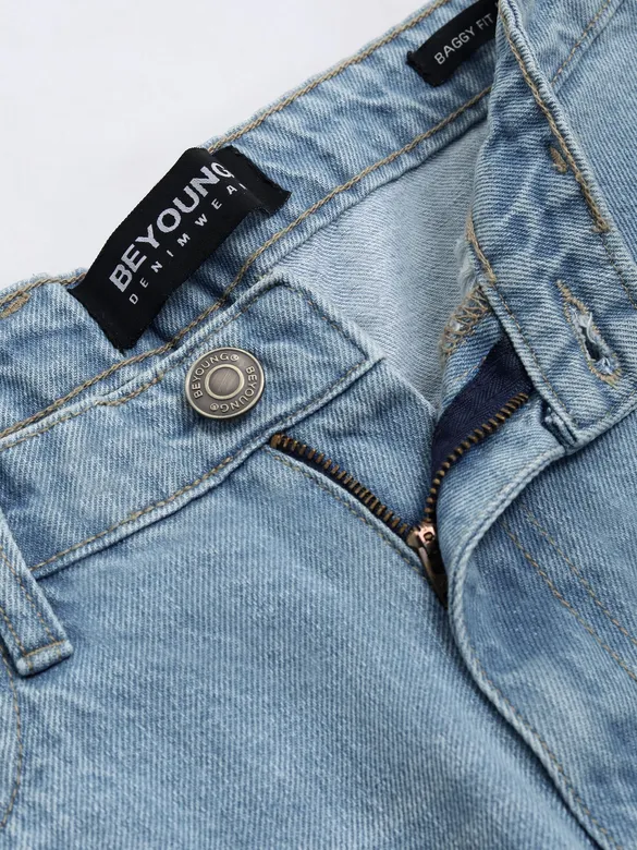 Light Blue Whisker Baggy Fit Jeans
