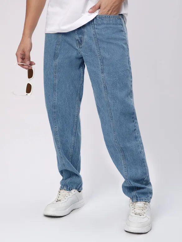 Soft Blue Cut and Sew Baggy Fit Jeans