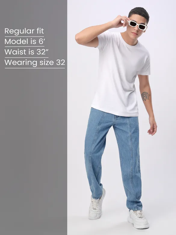 Soft Blue Cut and Sew Baggy Fit Jeans