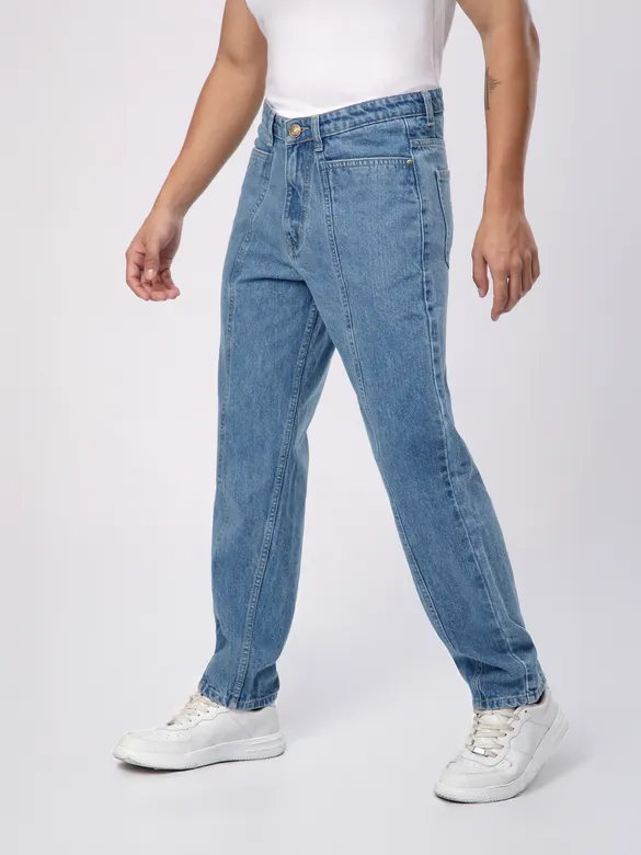 Soft Blue Cut and Sew Baggy Fit Jeans