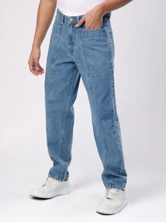 Soft Blue Cut and Sew Baggy Fit Jeans
