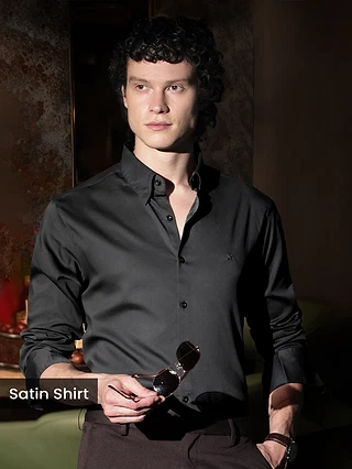 Model Wearing Black Satin Shirts for men with rolled up sleeves