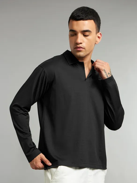 Black Revere Neck Full Sleeve Polo