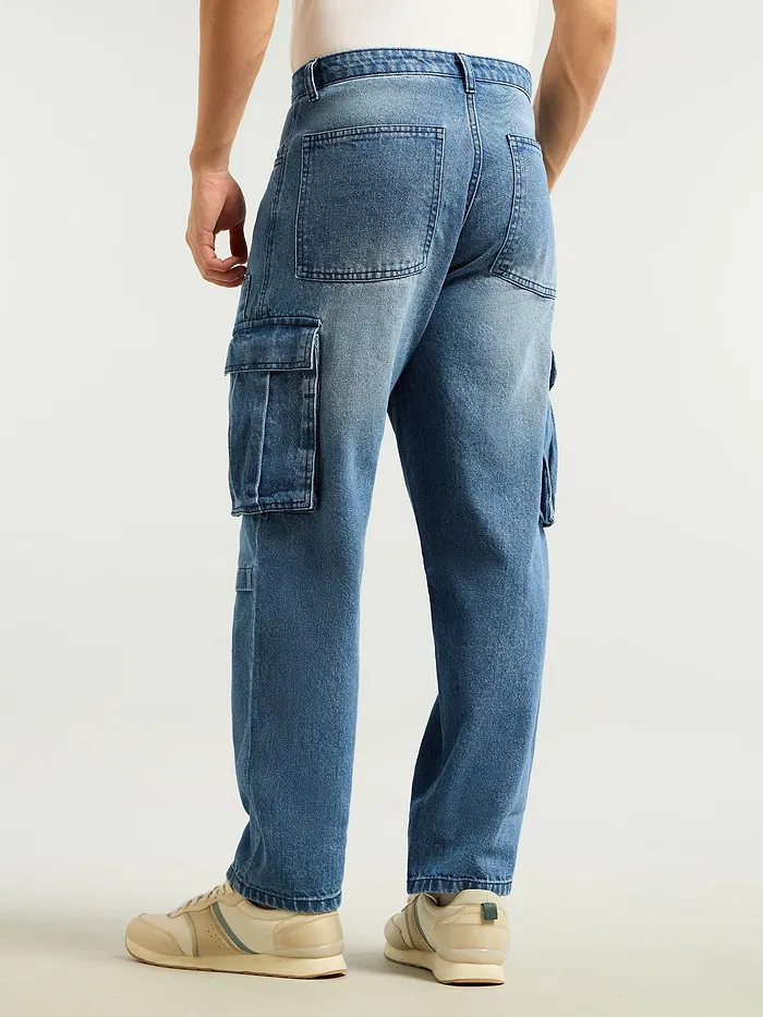 Blue Denim Zipper Pocket Cargo Pants