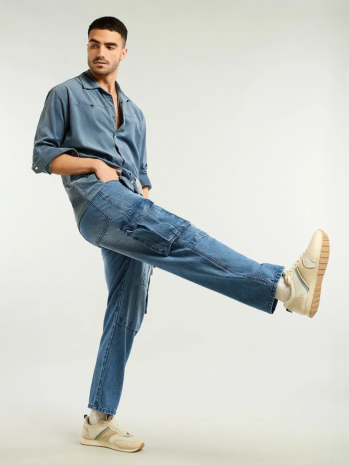 Blue Denim Zipper Pocket Cargo Pants