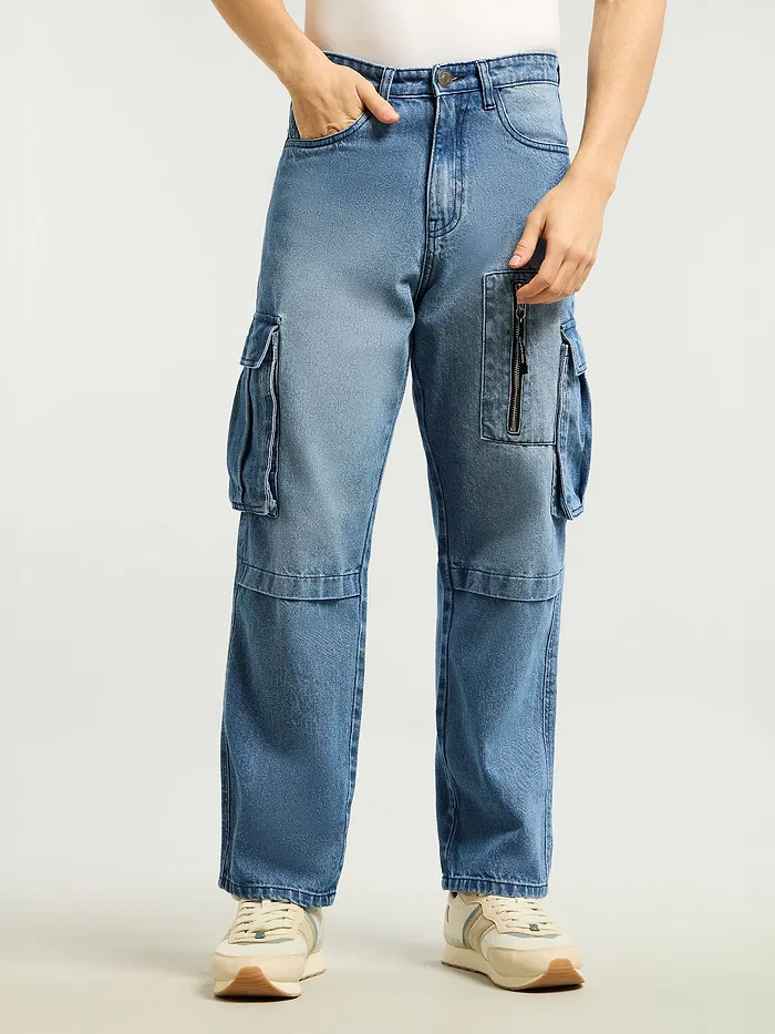 Blue Denim Zipper Pocket Cargo Pants