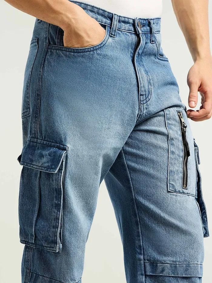Blue Denim Zipper Pocket Cargo Pants