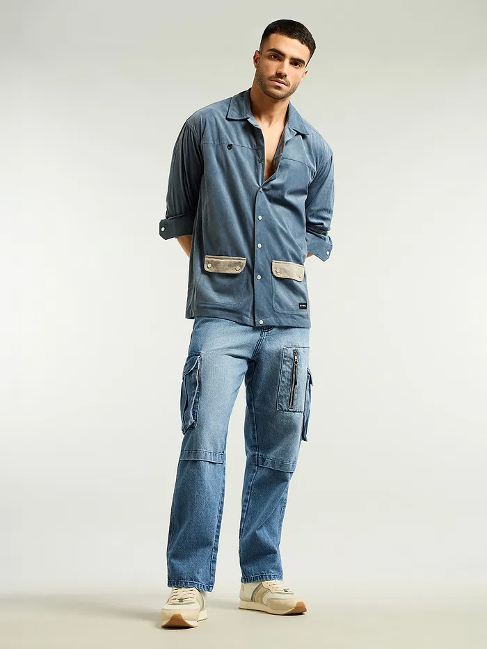 Blue Denim Zipper Pocket Cargo Pants