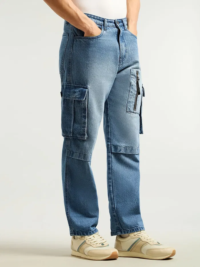 Blue Denim Zipper Pocket Cargo Pants