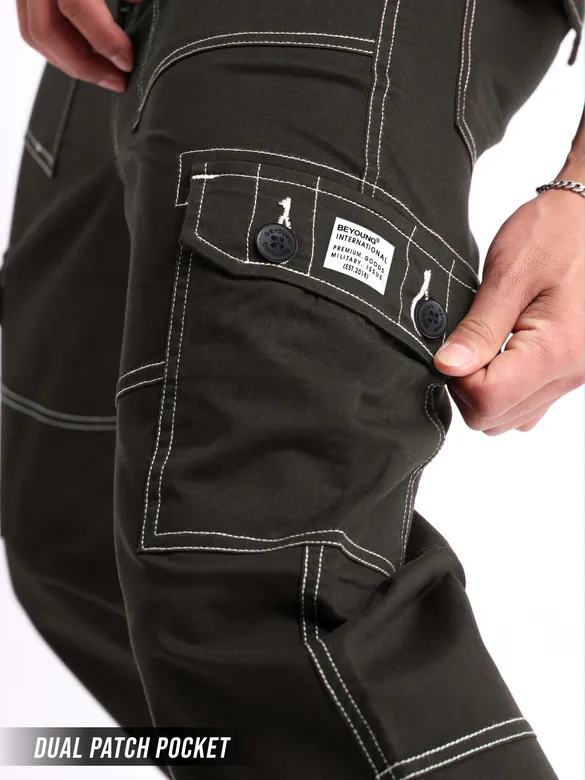 Dark Grey Contrast Stitch Cargo Pants for Men