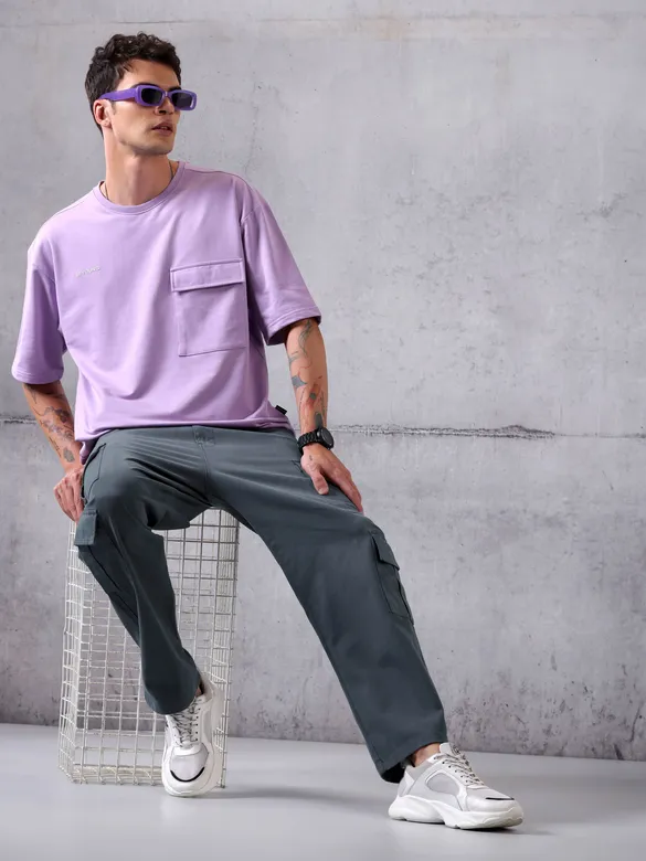 Stone Blue Straight-Fit Cargo Pants for Men