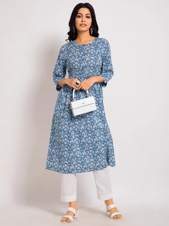 Abstract Printed Blue Flared Kurti