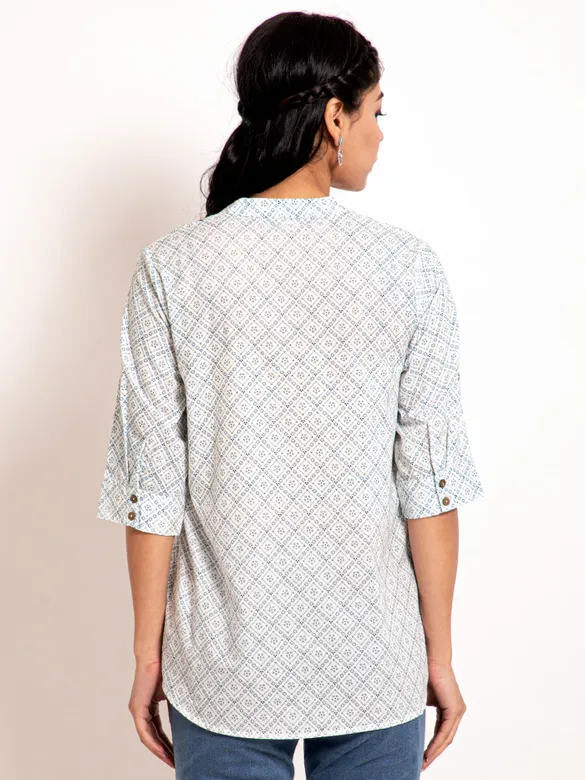 Block Printed White Short Kurti