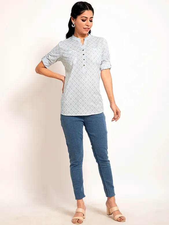 Block Printed White Short Kurti