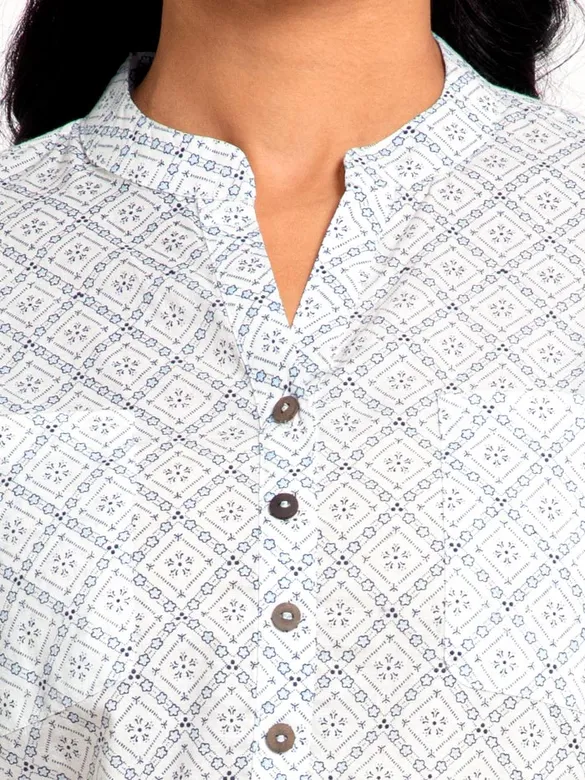 Block Printed White Short Kurti