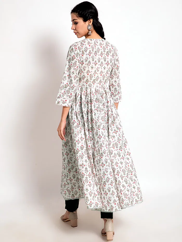 Floral White-Red Long Flare Kurta