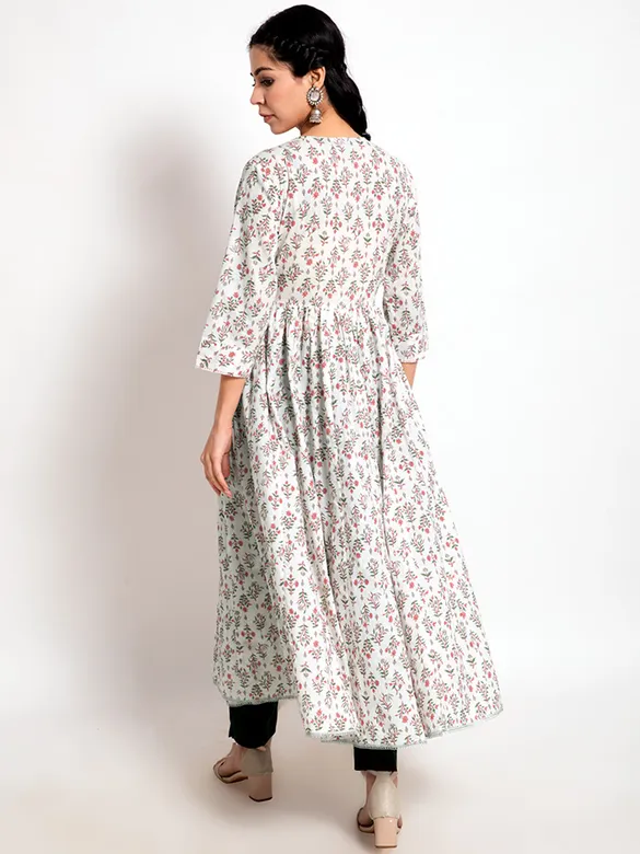 Floral White-Red Long Flare Kurta