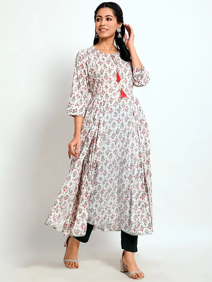Floral White-Red Long Flare Kurta