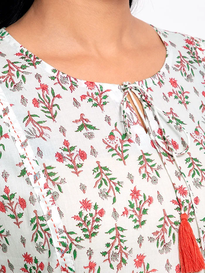 Floral White-Red Long Flare Kurta