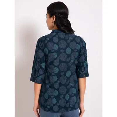 Navy Blue Floral Printed Short Kurti