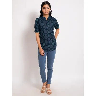 Navy Blue Floral Printed Short Kurti