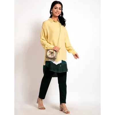 Yellow-Blue Knee-Length Shirt Kurti