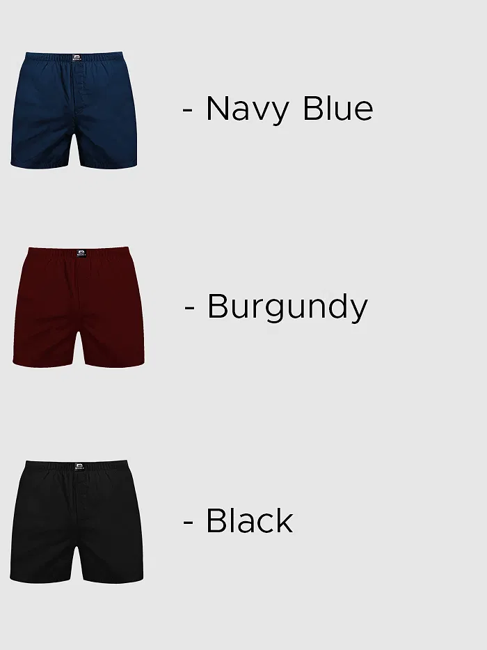 Plain Black Navy Blue And Burgundy Mens Boxer Combo-Pack of 3