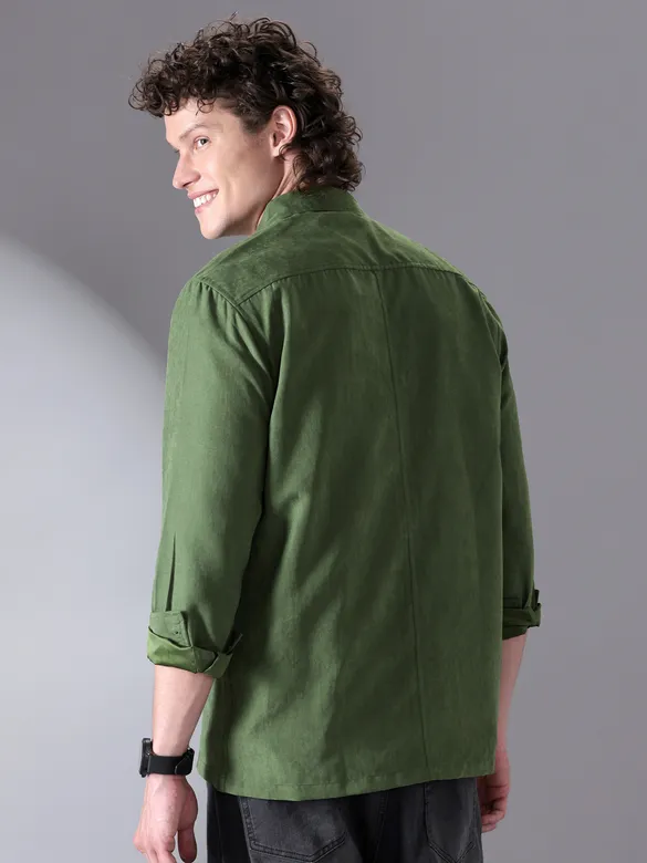 Army Green Plain Suede Urban Shirt for Men