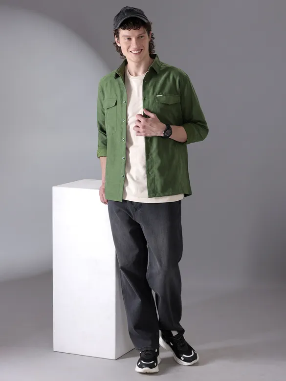 Army Green Plain Suede Urban Shirt for Men