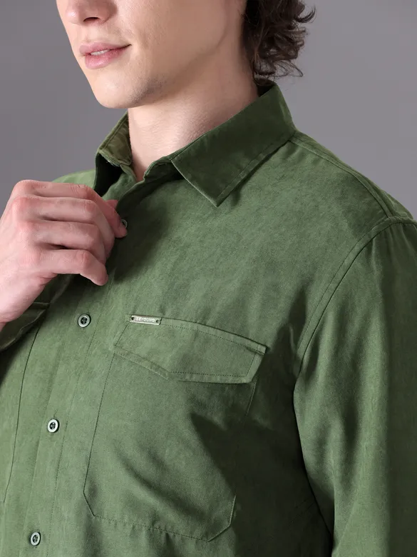 Army Green Plain Suede Urban Shirt for Men