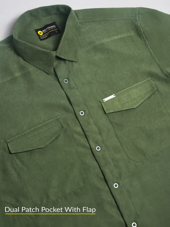 Army Green Plain Suede Urban Shirt for Men