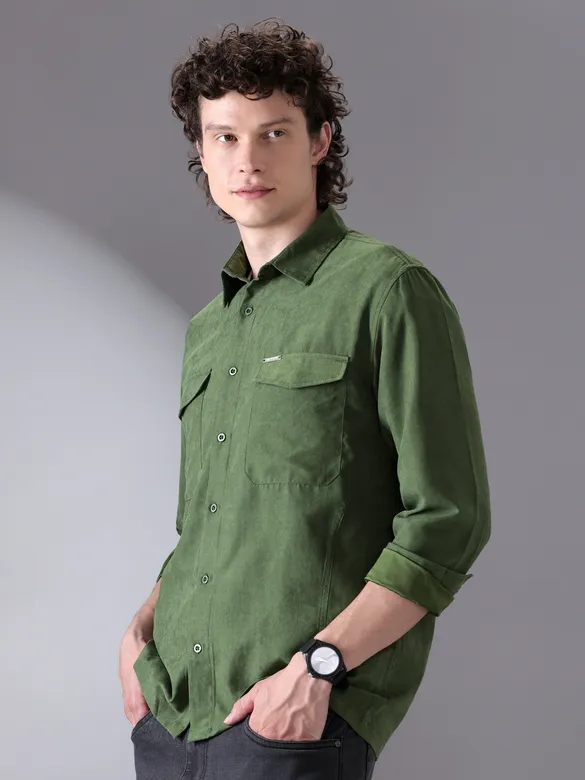 Army Green Plain Suede Urban Shirt for Men