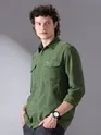 Army Green Plain Suede Urban Shirt for Men