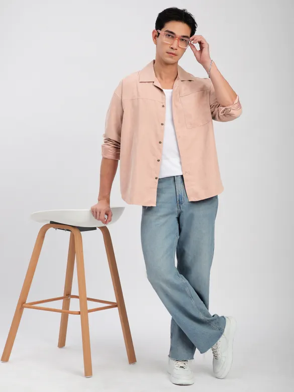 Baby Pink Front Yoke Suede Shirt