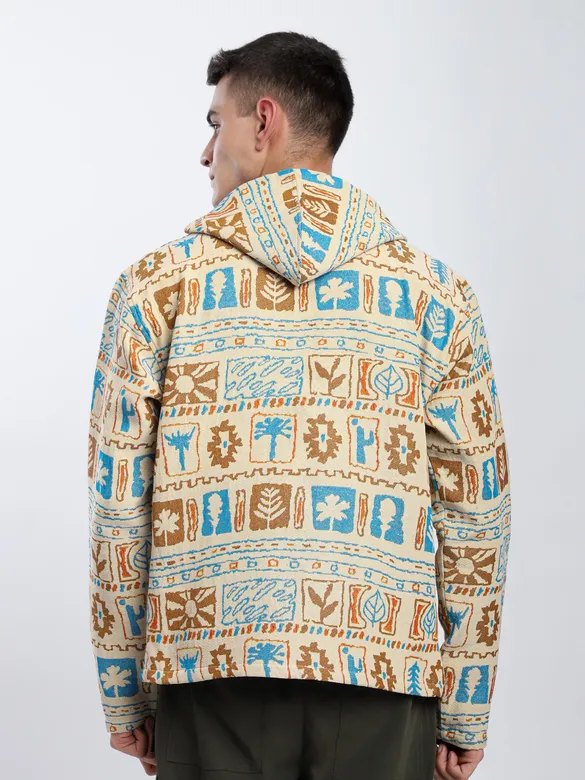 Beige Geometric Floral Print Hoodie Shacket