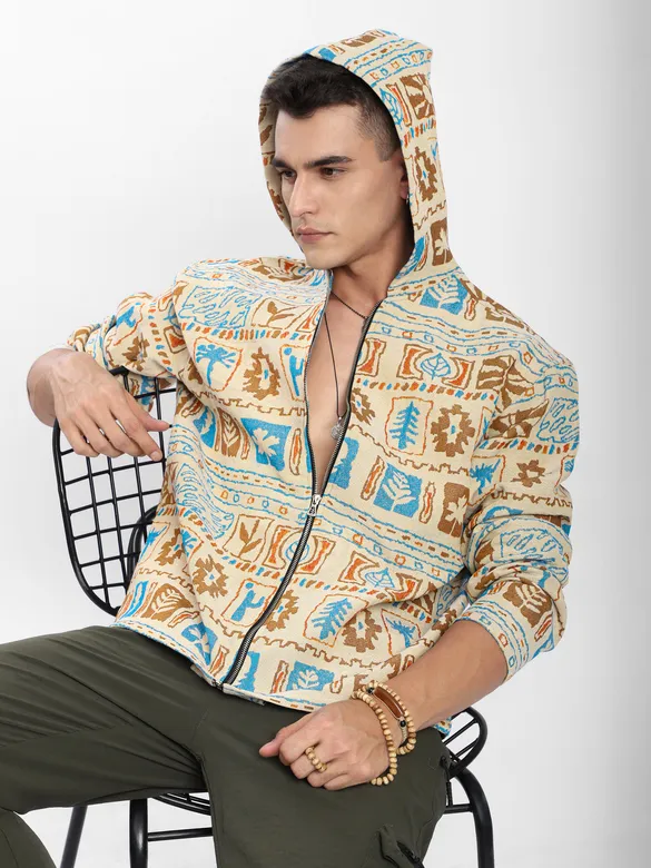 Beige Geometric Floral Print Hoodie Shacket