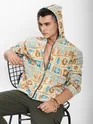 Beige Geometric Floral Print Hoodie Shacket