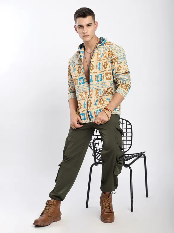 Beige Geometric Floral Print Hoodie Shacket