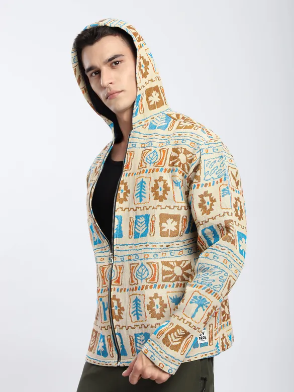 Beige Geometric Floral Print Hoodie Shacket