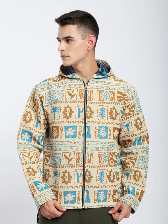 Beige Geometric Floral Print Hoodie Shacket