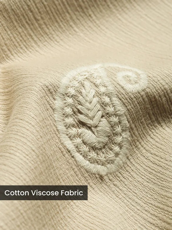 Beige Motif Embroidered Cuban Shirt