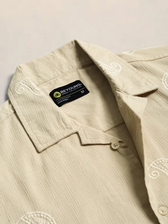 Beige Motif Embroidered Cuban Shirt