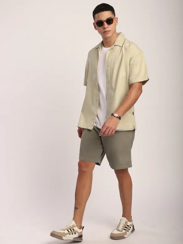 Beige Motif Embroidered Cuban Shirt