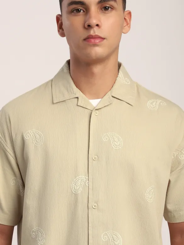 Beige Motif Embroidered Cuban Shirt